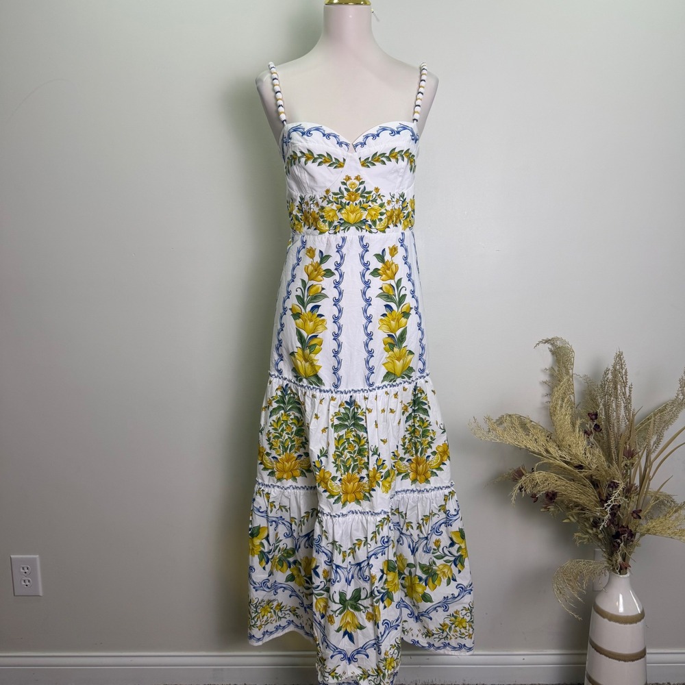 FARM Rio XL Yellow Floral Lemon Print Beaded Strap Tiered Cotton Maxi Dress